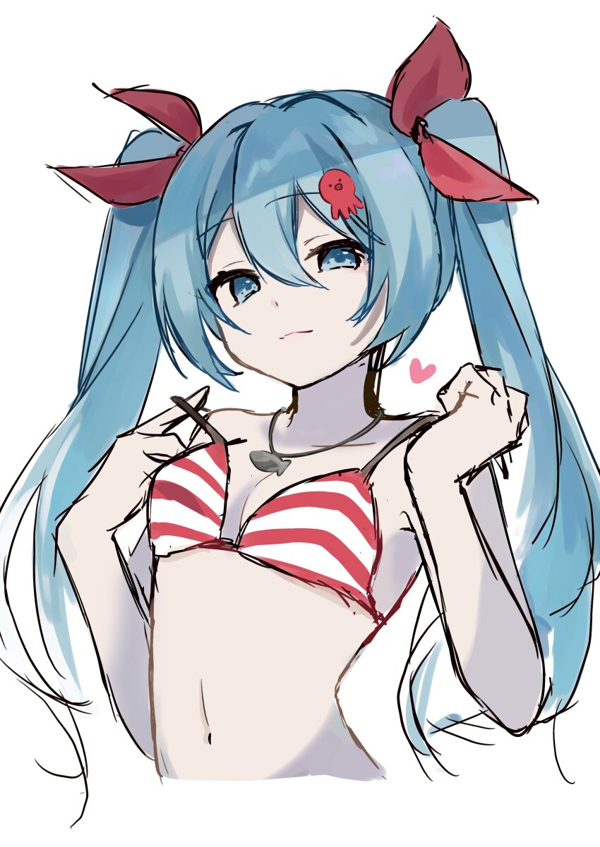 absurdres, blue_eyes, blue_hair, bra, collarbone, commentary, cropped_torso, fish_pendant, hair_ribbon, half-closed_eyes, hands_up, hatsune_miku, heart, highres, jewelry, long_hair, looking_at_viewer, midriff, navel, octopus_hair_ornament, pendant, red_bra, red_ribbon, removing_bra, ribbon, sketch, smile, striped_bra, striped_clothes, twintails, umi_no_searchlight_(vocaloid), underwear, upper_body, very_long_hair, vocaloid, white_background, yuki_miku, yuki_miku_(2022), yukia_1128