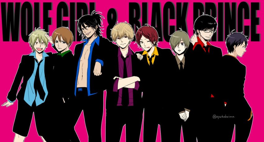6+boys, :d, alternate_costume, androgynous, aqua_shirt, arm_at_side, belt_buckle, black-framed_eyewear, black_eyes, black_hair, black_jacket, black_necktie, black_pants, black_suit, blonde_hair, blue_shirt, bright_pupils, brown_hair, buckle, closed_mouth, collarbone, collared_shirt, copyright_name, crossed_arms, double-parted_bangs, dress_shirt, earrings, english_text, facial_hair, feet_out_of_frame, formal_clothes, from_side, fujikawa_atsumu, glasses, green_eyes, green_shirt, grey_eyes, grey_hair, grey_shirt, hair_between_eyes, hair_over_one_eye, hand_in_pocket, hand_on_own_head, hand_on_own_neck, hatta_ayuko, hibiya_takeru, jacket, jewelry, kamiya_nozomi_(ookami_shoujo), kusakabe_yuu, light_brown_hair, long_bangs, long_sleeves, looking_at_viewer, looking_back, looking_to_the_side, loose_necktie, male_focus, mr._shinohara_(ookami_shoujo), multiple_boys, navel, necktie, one_eye_closed, one_eye_covered, ookami_shoujo_to_kuro_ouji, open_clothes, open_collar, open_jacket, open_mouth, open_shirt, orange_shirt, outline, own_hands_together, pants, parted_bangs, parted_lips, ponytail, purple_background, purple_shirt, rectangular_eyewear, red_eyes, red_hair, red_shirt, sata_kyouya, semi-rimless_eyewear, serious, shirt, short_hair, sideways_glance, simple_background, three-quarter_sleeves, sleeves_pushed_up, smile, standing, stubble, suit, suit_jacket, terasaki_(ookami_shoujo), tongue, tongue_out, twitter_username, two-tone_shirt, under-rim_eyewear, white_outline, yoshito_kimura