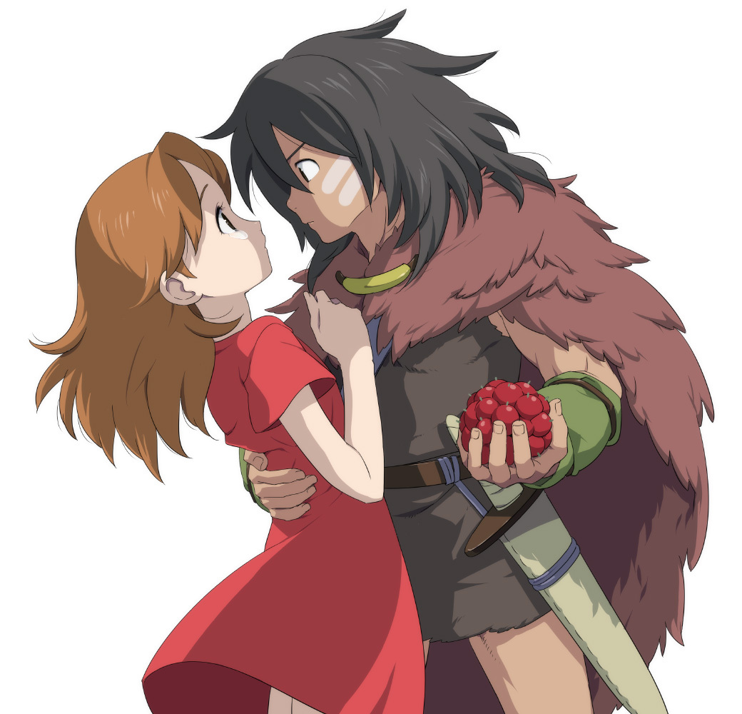 10s, 1boy, 1girl, arm_warmers, arrietty, belt, berry, black_hair, brown_hair, cape, cherry, dark_skin, dress, eye_contact, food, fruit, fur, hair_down, hand_on_own_hip, hetero, holding, holding_food, holding_fruit, hug, karigurashi_no_arrietty, long_hair, looking_at_another, mini_person, miniboy, minigirl, muscular, red_dress, simple_background, spiller, staring, sword, tears, tetsukuzu_tetsuko, weapon, white_background