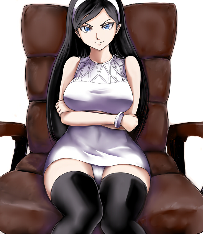 10s, 1girl, bad_id, bad_pixiv_id, bare_shoulders, black_hair, black_thighhighs, blue_eyes, bracelet, breast_lift, breasts, chair, crossed_arms, dress, enu_(n_storage), female_focus, hairband, hip_focus, jewelry, kumashiro_maya, large_breasts, long_hair, on_chair, panties, pantyshot, seikimatsu_occult_gakuin, solo, thighhighs, underwear, wide_hips, zettai_ryouiki