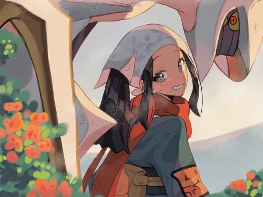 1girl, 1other, akari_(pokemon), arceus, bag, black_hair, dirty, dirty_face, eyelashes, flower, galaxy_expedition_team_survey_corps_uniform, gen_4_pokemon, headscarf, highres, legendary_pokemon, looking_at_viewer, looking_back, mythical_pokemon, nintendo, p0ke_a0210, pokemon, pokemon_(creature), pokemon_legends:_arceus, ponytail, red_eyes, red_scarf, satchel, scarf, smile, upper_body, white_headscarf