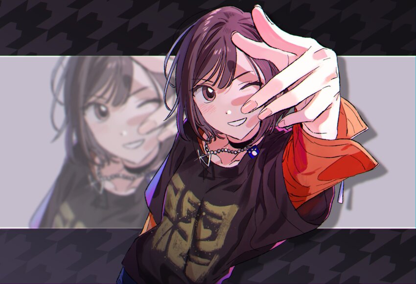 1girl, black_choker, bokutachi_no_seizon_tousou_(project_sekai), brown_eyes, brown_hair, choker, commentary, fingernails
