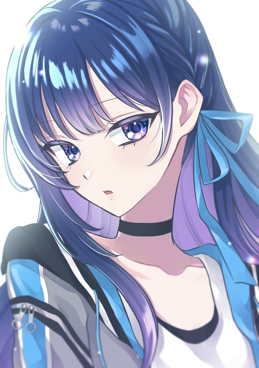 1girl, black_choker, blue_eyes, blue_hair, blue_ribbon, choker, collarbone, commentary_request, drawstring, grey_jacket, hair_ribbon, highres, idolmaster, idolmaster_va-liv, jacket, kamizuru_cosmo, kamizurucosmo, long_hair, looking_at_viewer, multicolored_clothes, multicolored_hair, parted_lips, purple_hair, ribbon, shirt, solo, two-tone_hair, upper_body, virtual_youtuber, white_background, white_shirt, zipper_pull_tab