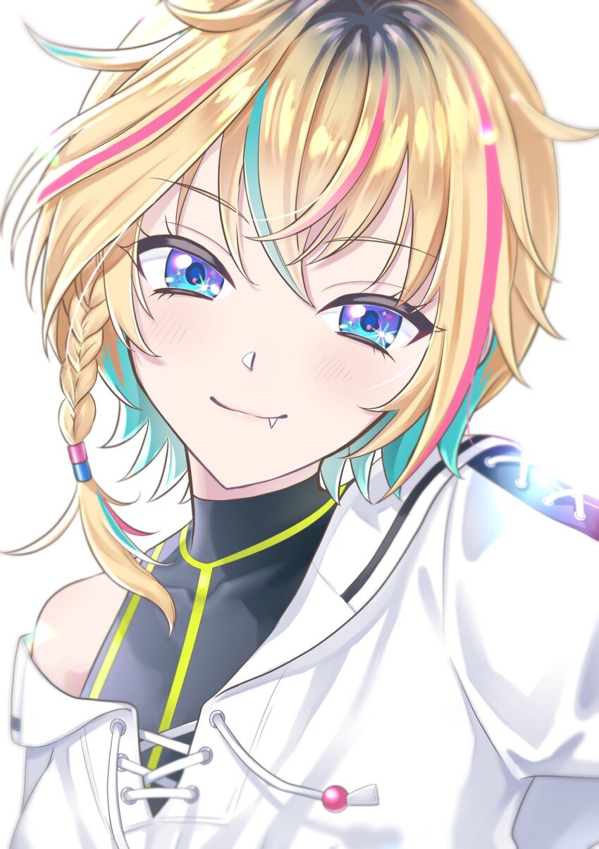 1girl, aqua_hair, black_hair, black_shirt, blonde_hair, blue_eyes, blush, braid