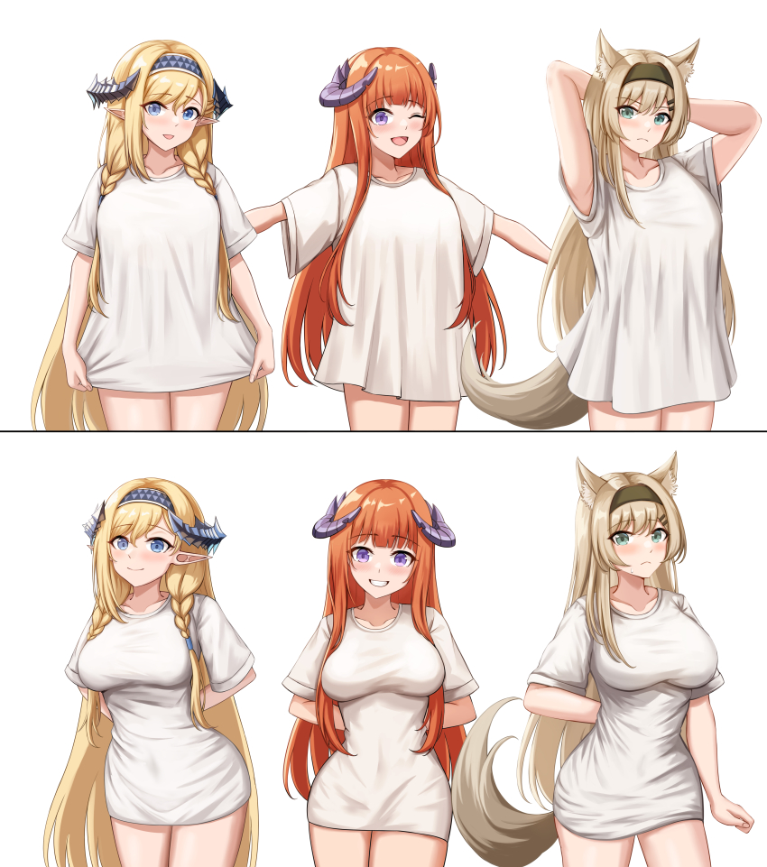 3girls, :d, ;d, absurdres, animal_ears, aqua_eyes, arknights, arm_behind_back