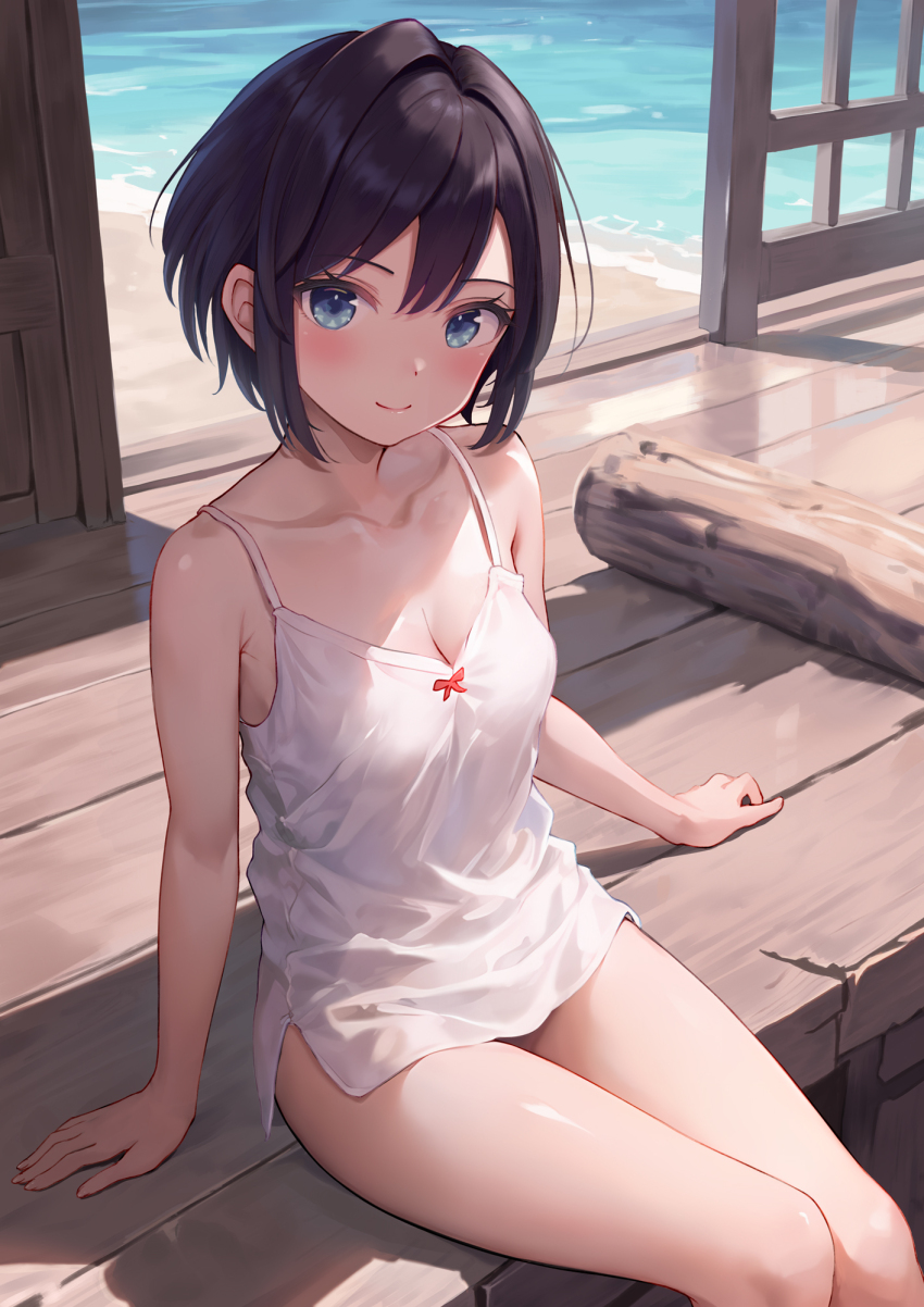 1girl, arisugawa_riu, beach, black_hair, blue_eyes, blush, breasts, camisole