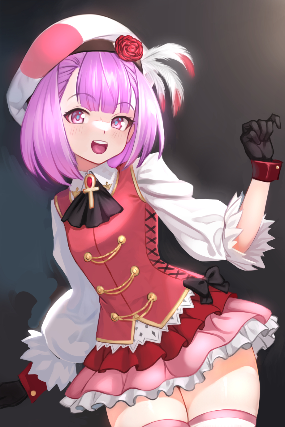 1girl, alternate_costume, ankh, beret, black_gloves, blush, breasts, collared_shirt, dress_shirt, fate/grand_order, fate_(series), gloves, hat, hat_feather, helena_blavatsky_(fate), helena_blavatsky_(lostroom_outfit)_(fate), highres, long_sleeves, looking_at_viewer, official_alternate_costume, open_mouth, pink_skirt, pink_thighhighs, puffy_sleeves, purple_eyes, purple_hair, red_vest, shinsaku_(stan-art), shirt, short_hair, skirt, small_breasts, smile, solo, striped_clothes, striped_thighhighs, thighhighs, thighs, vest, white_shirt