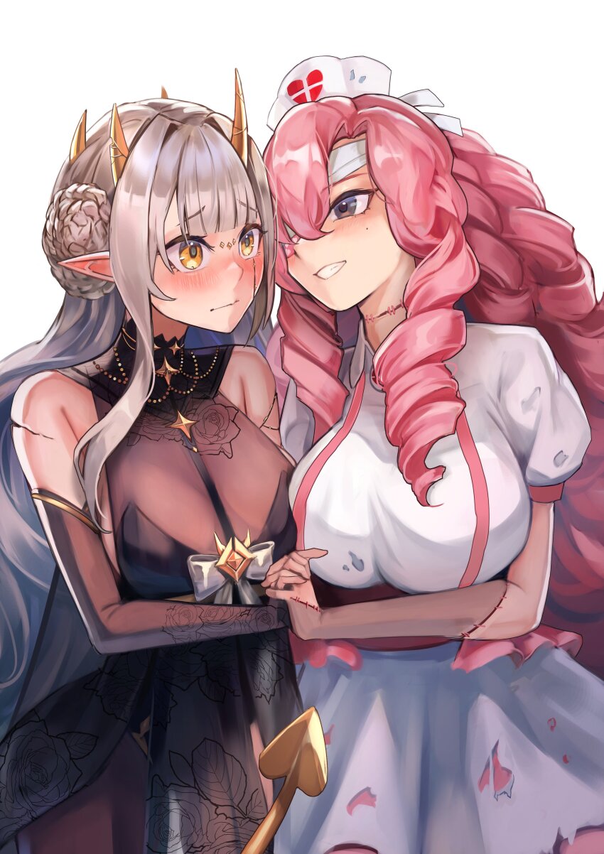 2girls, absurdres, black_dress, blush, breasts, commission, demon_girl, demon_horns, demon_tail, dress, drill_hair, grey_hair, grin, hakusyokuto, hat, highres, holding_hands, horns, indie_virtual_youtuber, kagome_(vtuber), large_breasts, long_hair, looking_at_another, mole, mole_under_eye, multiple_girls, nose_blush, nurse, nurse_cap, pink_hair, pointy_ears, puffy_short_sleeves, puffy_sleeves, purple_eyes, short_sleeves, skeb_commission, smile, stitched_arm, stitched_neck, stitches, tail, torn_clothes, torn_dress, twin_drills, undead, virtual_youtuber, white_dress, white_headwear, yellow_eyes, yuri, zombie