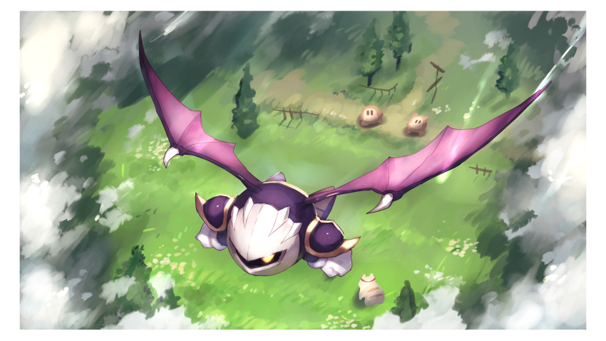 absurdres, armor, bat_wings, cloud, fence, flying, gloves, grizzo, highres, kirby_(series), looking_up, male_focus, mask, meta_knight, nintendo, no_humans, pauldrons, shiburingaru, shoulder_armor, solid_oval_eyes, tree, waddle_dee, wings, yellow_eyes