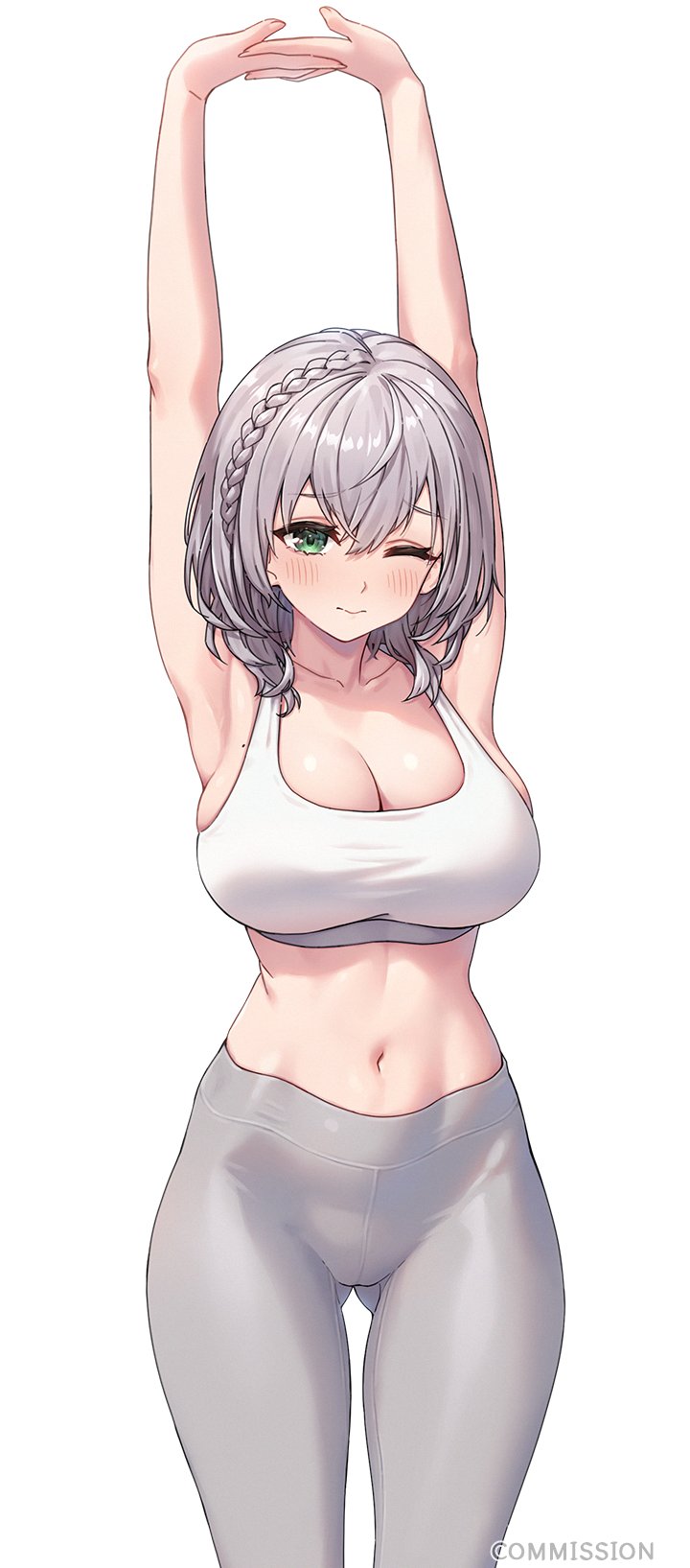 1girl, armpits, braid, breasts, cleavage, collarbone, commission, french_braid, green_eyes, grey_hair, highres, hololive, large_breasts, lw_goombang, medium_hair, midriff, mole, mole_on_breast, navel, one_eye_closed, pants, shirogane_noel, solo, stretching, virtual_youtuber, yoga_pants