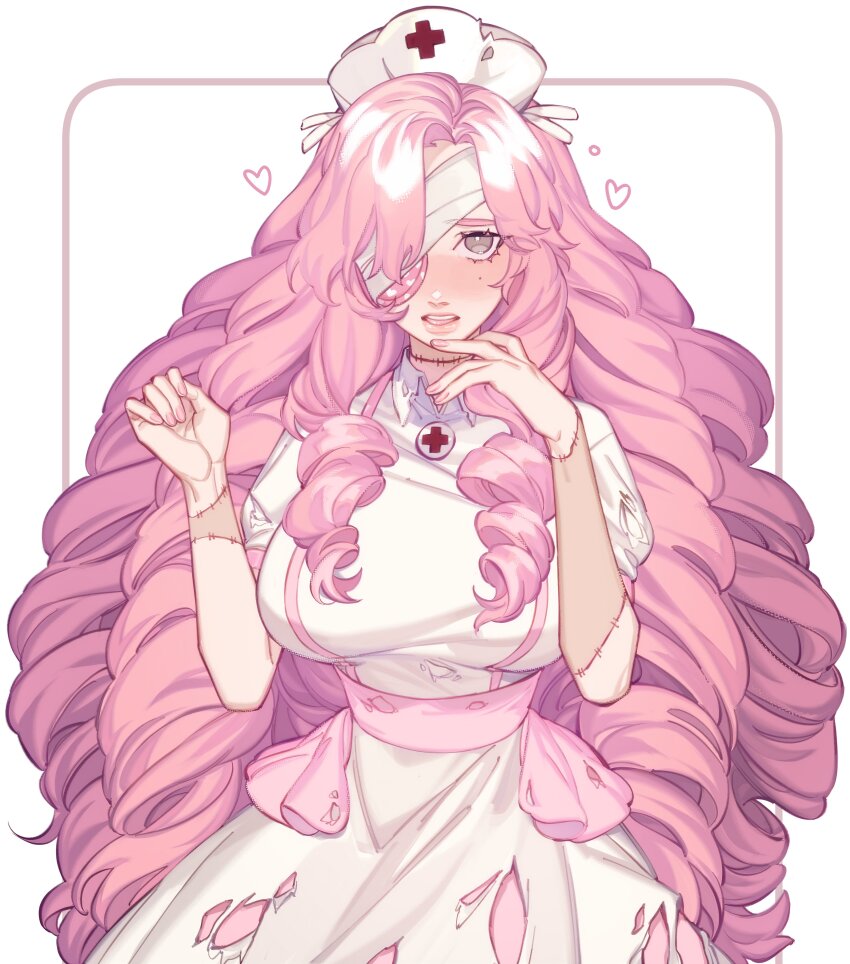 1girl, absurdres, blush, breasts, brown_eyes, dress, drill_hair, embarrassed