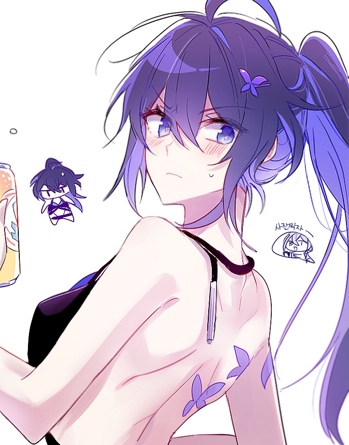 6_(yuchae), ahoge, alternate_costume, alternate_hairstyle, back, bare_arms, bare_shoulders, blue_eyes