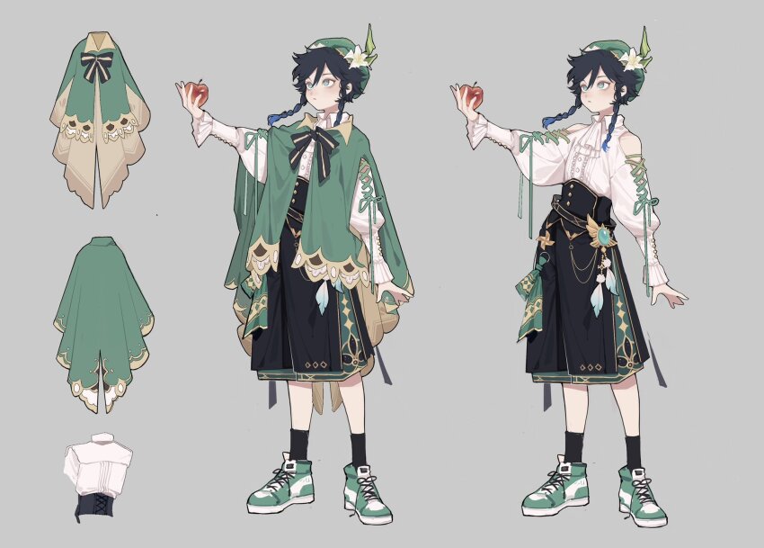 1boy, apple, blue_eyes, blue_hair, braid, commentary, doupu41, food