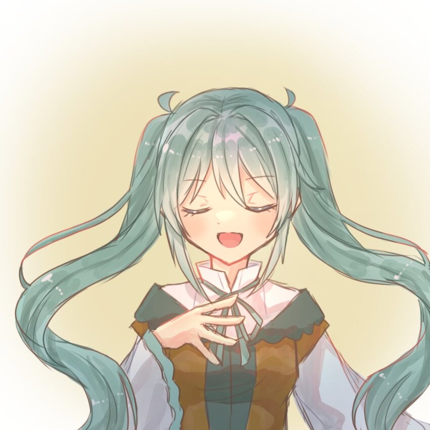 1girl, aqua_hair, aquamarinu, brown_dress, closed_eyes, collared_shirt, dress, evillious_nendaiki