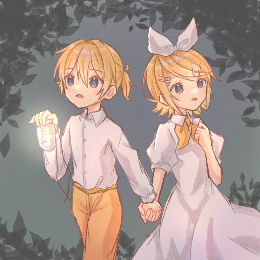 1boy, 1girl, aquamarinu, blonde_hair, blue_eyes, bottle, bow, brother_and_sister, child, collared_shirt, dress, evillious_nendaiki, foliage, gretel_(evillious_nendaiki), grey_background, hair_bow, hair_ornament, hairclip, hansel_(evillious_nendaiki), highres, holding, holding_bottle, holding_hands, kagamine_len, kagamine_rin, long_sleeves, neckerchief, okizari_tsukiyo_shou_(vocaloid), pants, ponytail, shirt, short_hair, short_ponytail, short_sleeves, siblings, swept_bangs, twins, vocaloid, white_bow, white_dress, white_shirt, yellow_neckerchief, yellow_pants