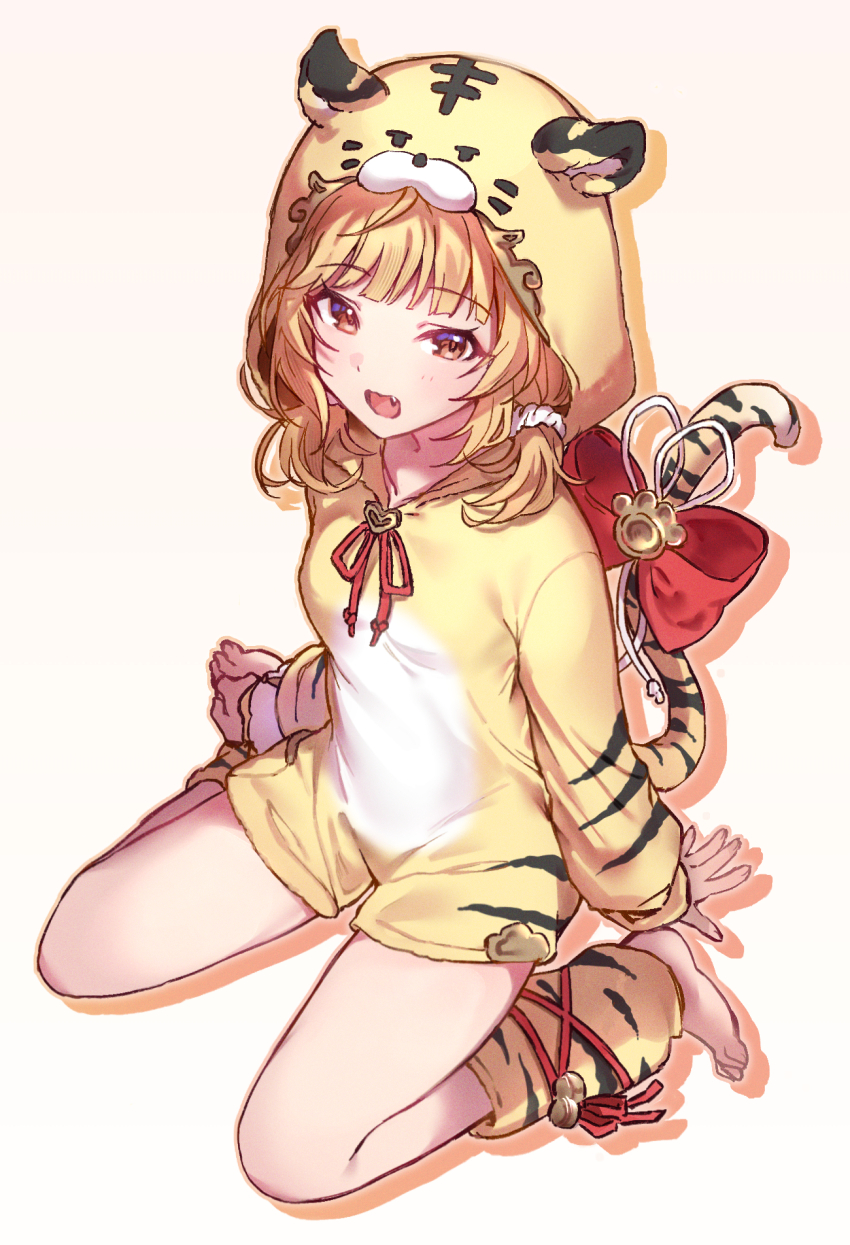1girl, animal_costume, animal_ears, animal_hood, animal_print, barefoot, blonde_hair, blunt_bangs, blush, erune, fang, granblue_fantasy, hair_ornament, hair_scrunchie, highres, hood, hood_up, huang_(granblue_fantasy), koori_(superumaice), leg_warmers, long_sleeves, looking_at_viewer, onesie, open_mouth, pajamas, ribbon, scrunchie, short_twintails, sitting, solo, tail, tail_ornament, tail_ribbon, tiger_ears, tiger_girl, tiger_print, tiger_stripes, tiger_tail, twintails, wariza, yellow_eyes