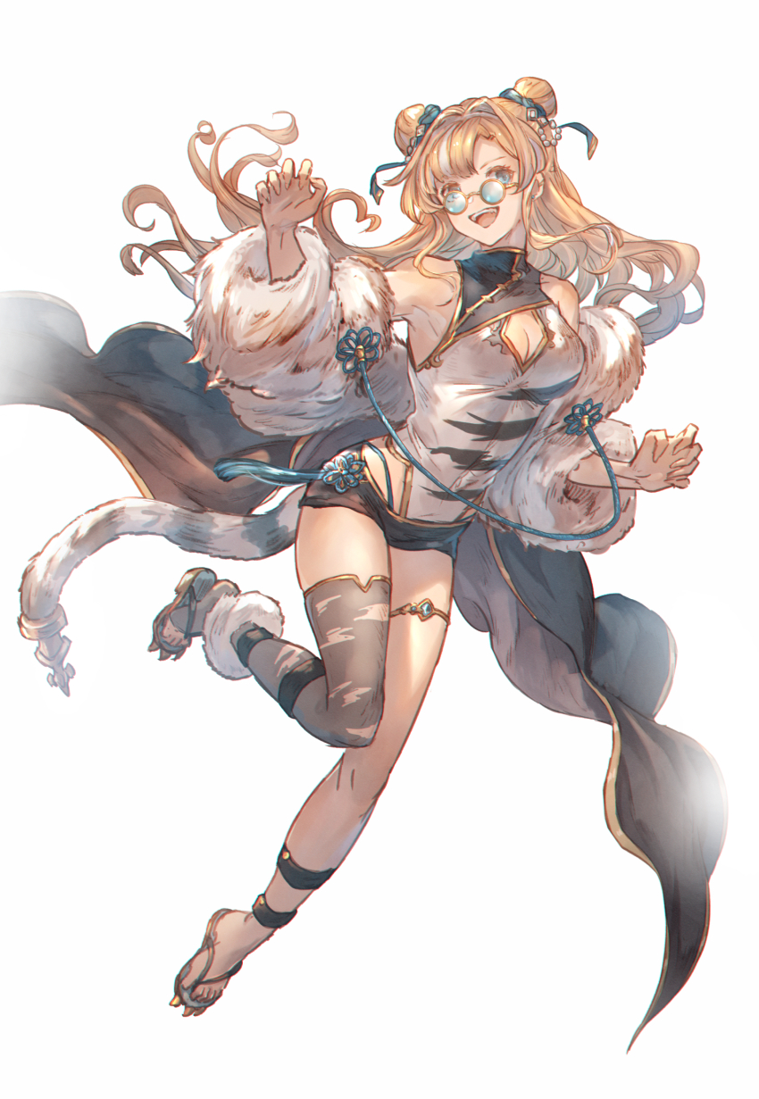 1girl, :d, asymmetrical_hair, barefoot_sandals_(jewelry), belt, blonde_hair, blue_eyes, cleavage_cutout