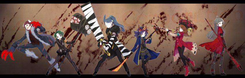 6+girls, absurdres, ahoge, armband, bandaged_arm, bandaged_leg, bandages, bandages_over_eyes