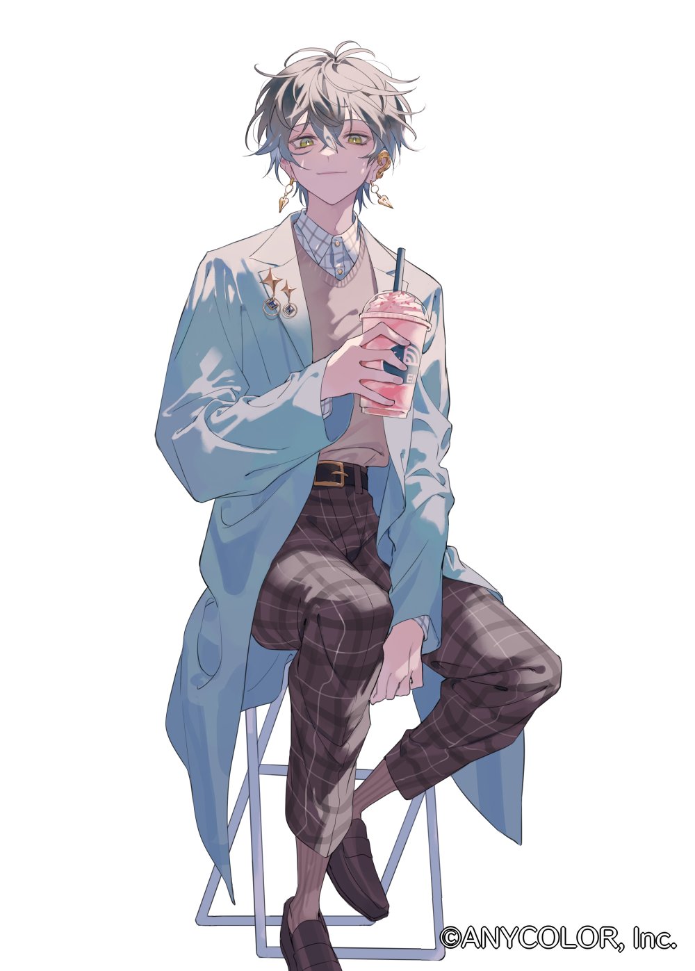 1boy, alternate_costume, belt, black_belt, blue_hair, blue_jacket, brown_hair, brown_pants, brown_shoes, brown_socks, brown_sweater_vest, chair, closed_mouth, collared_jacket, cup, disposable_cup, drink, drinking_straw, earrings, full_body, gradient_hair, green_eyes, hair_between_eyes, hand_up, highres, holding, holding_drink, ike_eveland, ike_eveland_(sakura_bloom), jacket, jewelry, loafers, logo, long_sleeves, looking_at_viewer, male_focus, multicolored_hair, nijisanji, nijisanji_en, official_art, on_chair, open_clothes, open_jacket, pants, plaid_clothes, plaid_pants, plaid_shirt, shirt, shoes, short_hair, simple_background, sitting, socks, solo, sweater_vest, ugonba_(howatoro), virtual_youtuber, white_background, white_shirt