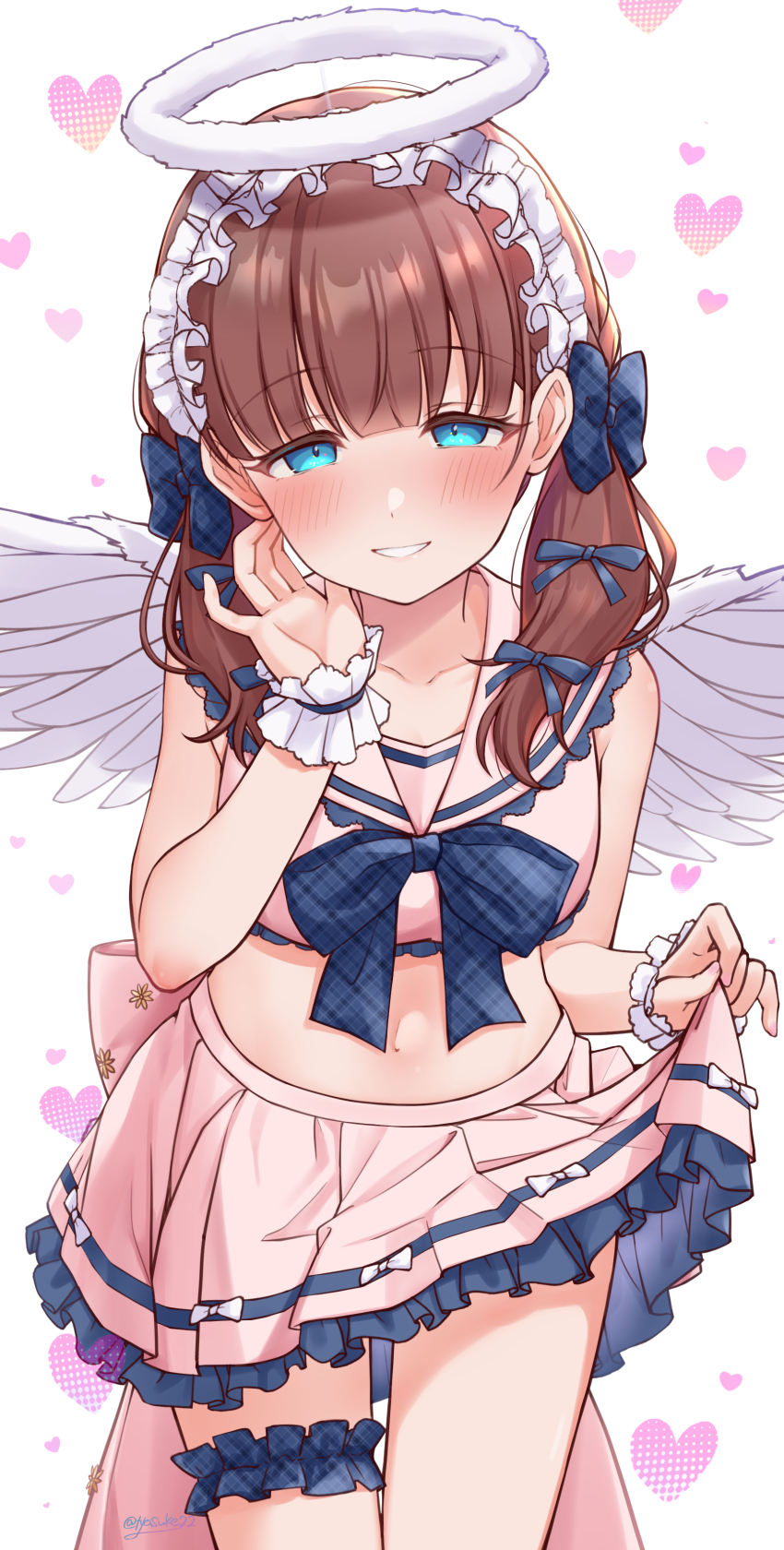1girl, absurdres, aqua_eyes, blush, bow, breasts, brown_hair, chiyosuke_(nosuke21), collarbone, cowboy_shot, cropped_shirt, fake_halo, frilled_hairband, frills, fur_halo, hair_bow, hairband, halo, heart, heart_background, highres, holding_own_skirt, idolmaster, idolmaster_cinderella_girls, idolmaster_cinderella_girls_starlight_stage, leaning_forward, looking_at_viewer, medium_breasts, midriff, navel, petticoat, pleated_skirt, sakuma_mayu, shirt, skirt, sleeveless, sleeveless_shirt, smile, solo, thigh_strap, twintails, wrist_cuffs