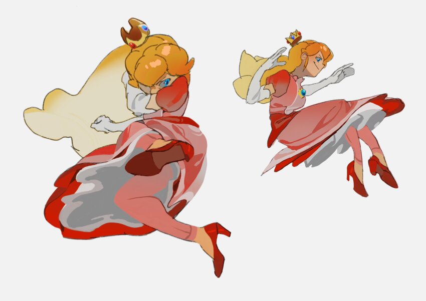 1girl, blonde_hair, blue_eyes, crown, dress, elbow_gloves, full_body, gloves