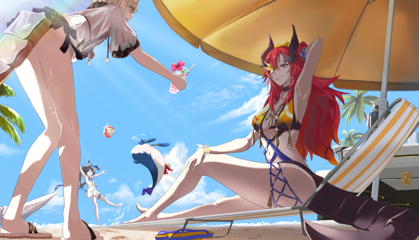 3girls, alchemy_stars, ball, barefoot, beach, beach_umbrella, beachball, black_hair