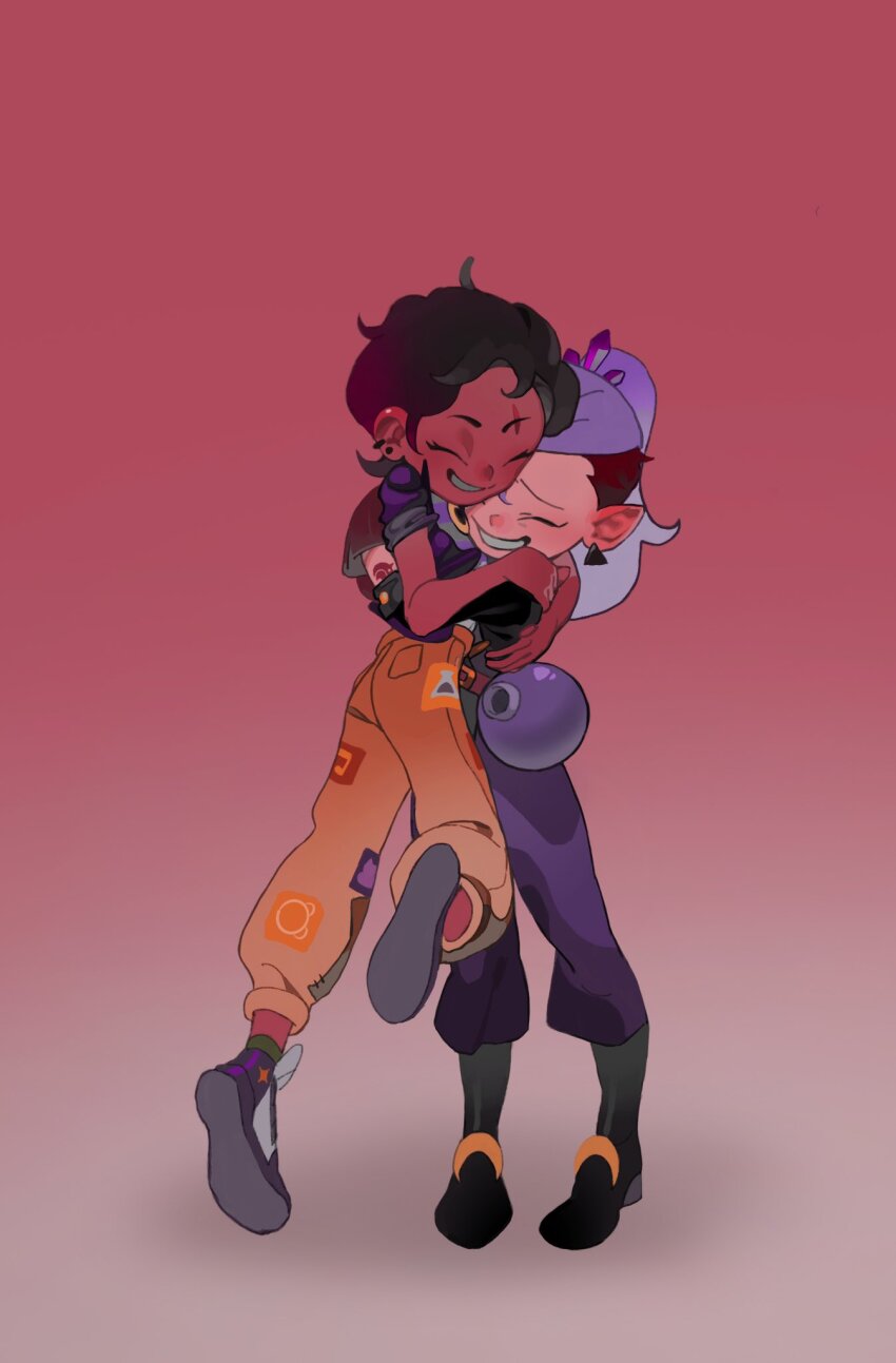 2girls, amity_blight, black_footwear, boots, brown_hair, brown_pants, closed_eyes, couple, dark-skinned_female, dark_skin, earrings, eyebrow_cut, full_body, gradient_background, grin, highres, hug, jewelry, kengyou_lei, luz_noceda, multicolored_hair, multiple_girls, multiple_piercings, pants, pointy_ears, ponytail, purple_hair, purple_pants, short_hair, short_sleeves, smile, the_owl_house, yuri