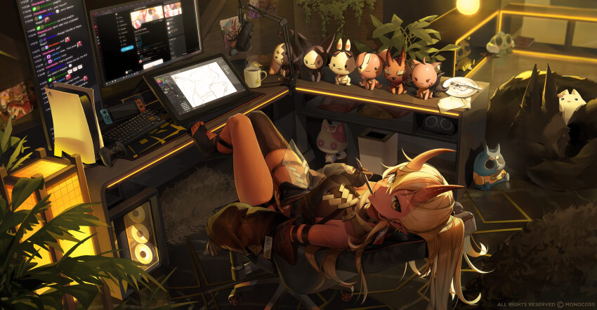1girl, absurdres, adobe_photoshop, akumi_(yoclesh), artist_name, asymmetrical_legwear, black_dress, black_gloves, black_jacket, black_thighhighs, breasts, bridal_legwear, brown_eyes, carpet, chair, character_name, character_request, cleavage, colored_skin, commentary, commission, computer, computer_keyboard, copyright_notice, cpu, cup, drawing_(object), drawing_tablet, dress, earrings, english_commentary, english_text, fang, fork, game_console, game_controller, gaming_chair, gloves, gold_earrings, hair_between_eyes, highres, holding, holding_stylus, horns, indoors, jacket, jacket_partially_removed, jewelry, long_hair, looking_at_viewer, lying, medium_breasts, microphone, microsoft_windows, mismatched_legwear, monitor, monoco55, mousepad_(object), name_tag, nintendo_switch, no_shoes, on_back, oni, open_clothes, open_jacket, paper, parted_lips, pelvic_curtain, plant, plate, playstation_5, playstation_controller, pointy_ears, red_dress, red_horns, red_oni, red_skin, scar, scar_on_arm, scar_on_breasts, scar_on_face, scar_on_leg, see-through_cleavage, see-through_clothes, single_sock, single_thighhigh, skin-covered_horns, socks, solo, stuffed_toy, stylus, swivel_chair, tag_earrings, teacup, thigh_strap, thighhighs, twitter, two-tone_dress, virtual_youtuber, vyugen