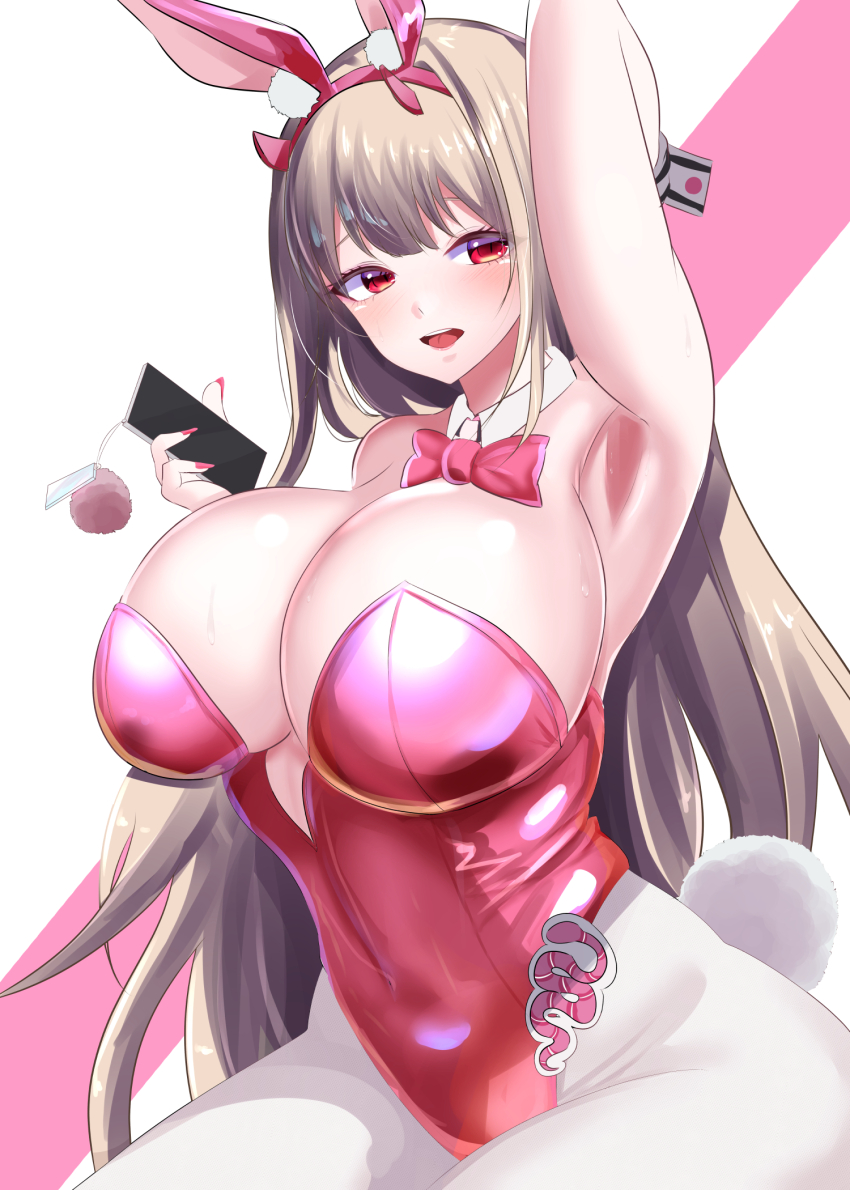 1girl, :d, amamiya_kure, animal_ears, arm_behind_head, arm_up, armpits, bare_shoulders