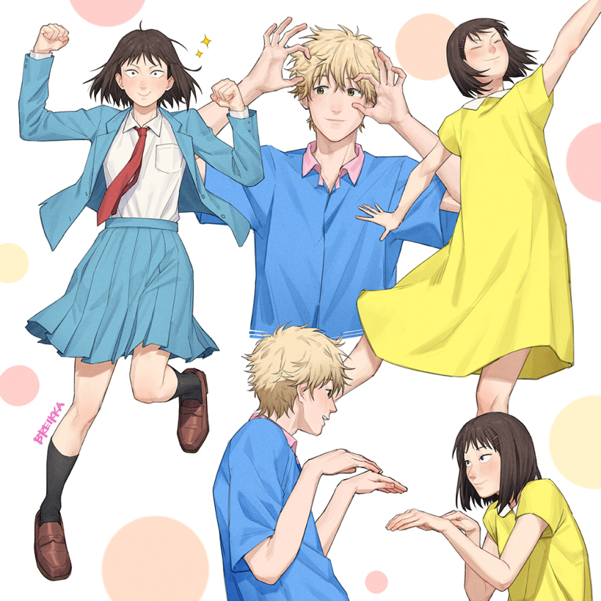 1boy, 1girl, black_socks, blazer, blonde_hair, blue_jacket, blue_shirt, blue_skirt, blush, bob_cut, breikka, brown_footwear, brown_hair, closed_eyes, collared_dress, collared_shirt, dancing, dress, iwakura_mitsumi, jacket, jumping, loafers, long_sleeves, looking_at_another, looking_at_viewer, messy_hair, multiple_views, necktie, pleated_skirt, red_necktie, school_uniform, shima_sousuke, shirt, shoes, short_hair, short_sleeves, simple_background, skip_to_loafer, skirt, smile, socks, upper_body, white_shirt, yellow_dress