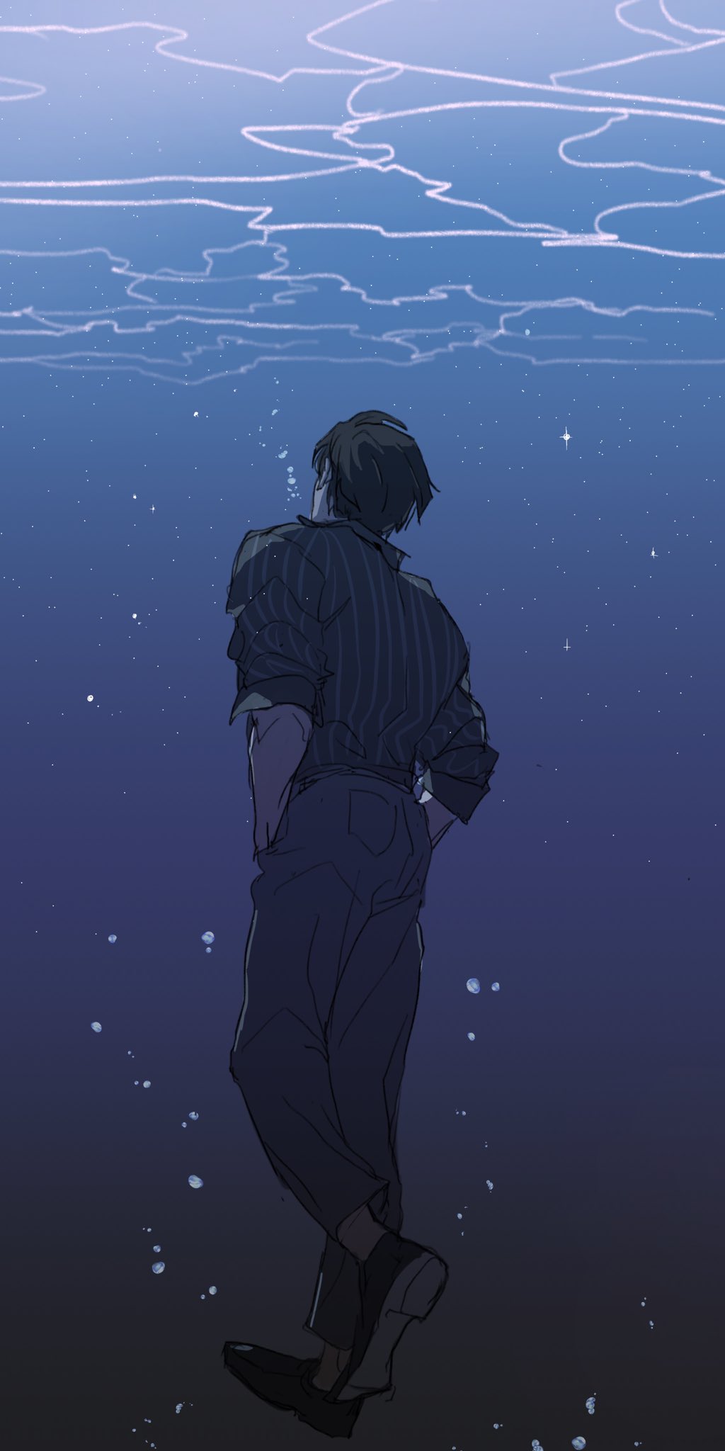 1boy, black_hair, black_pants, black_shirt, black_shoes, commentary_request, eoduun_badaui_deungbul-i_doeeo, from_behind