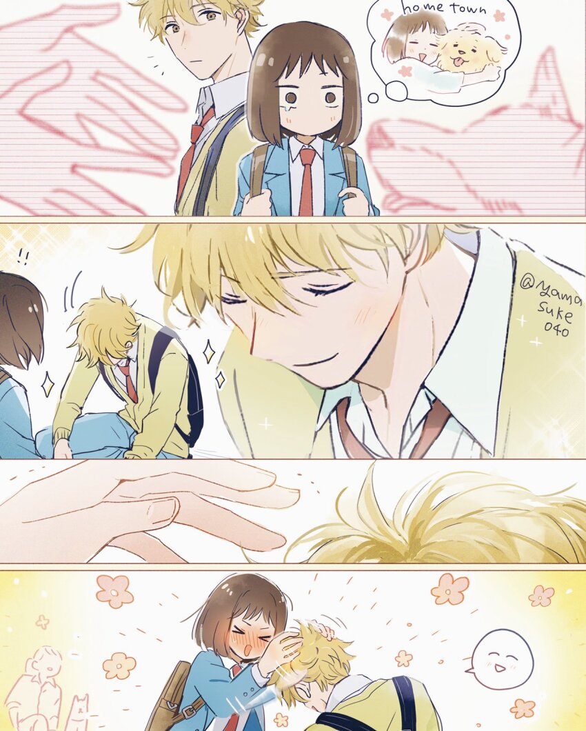 1boy, 2girls, blazer, blonde_hair, blue_jacket, blush, bob_cut, brown_eyes