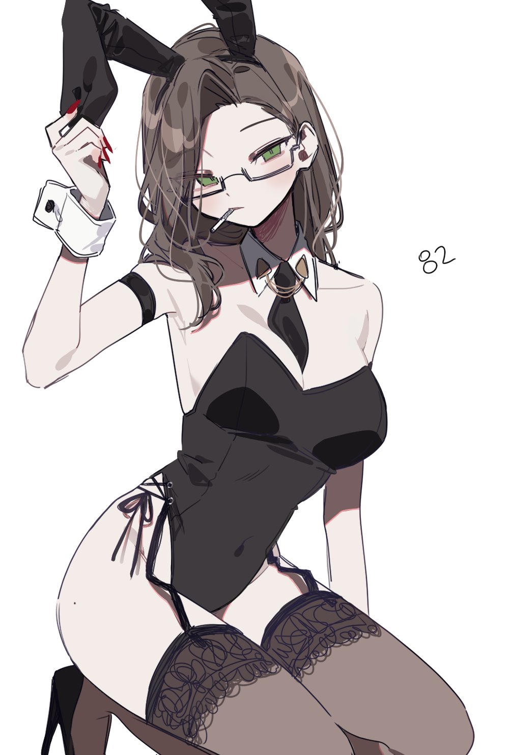 1girl, animal_ears, arm_strap, bare_shoulders, black_leotard, black_necktie, black_shoes, black_thighhighs, brown_hair, detached_sleeves, fake_animal_ears, garter_straps, genderswap, genderswap_(mtf), glasses, green_eyes, highres, hypnosis_mic, iruma_jyuto, kneeling, leotard, mind_control, necktie, patzzi, playboy_bunny, rabbit_ears, red_nails, shoes, short_necktie, simple_background, solo, thighhighs, white_background, wrist_cuffs