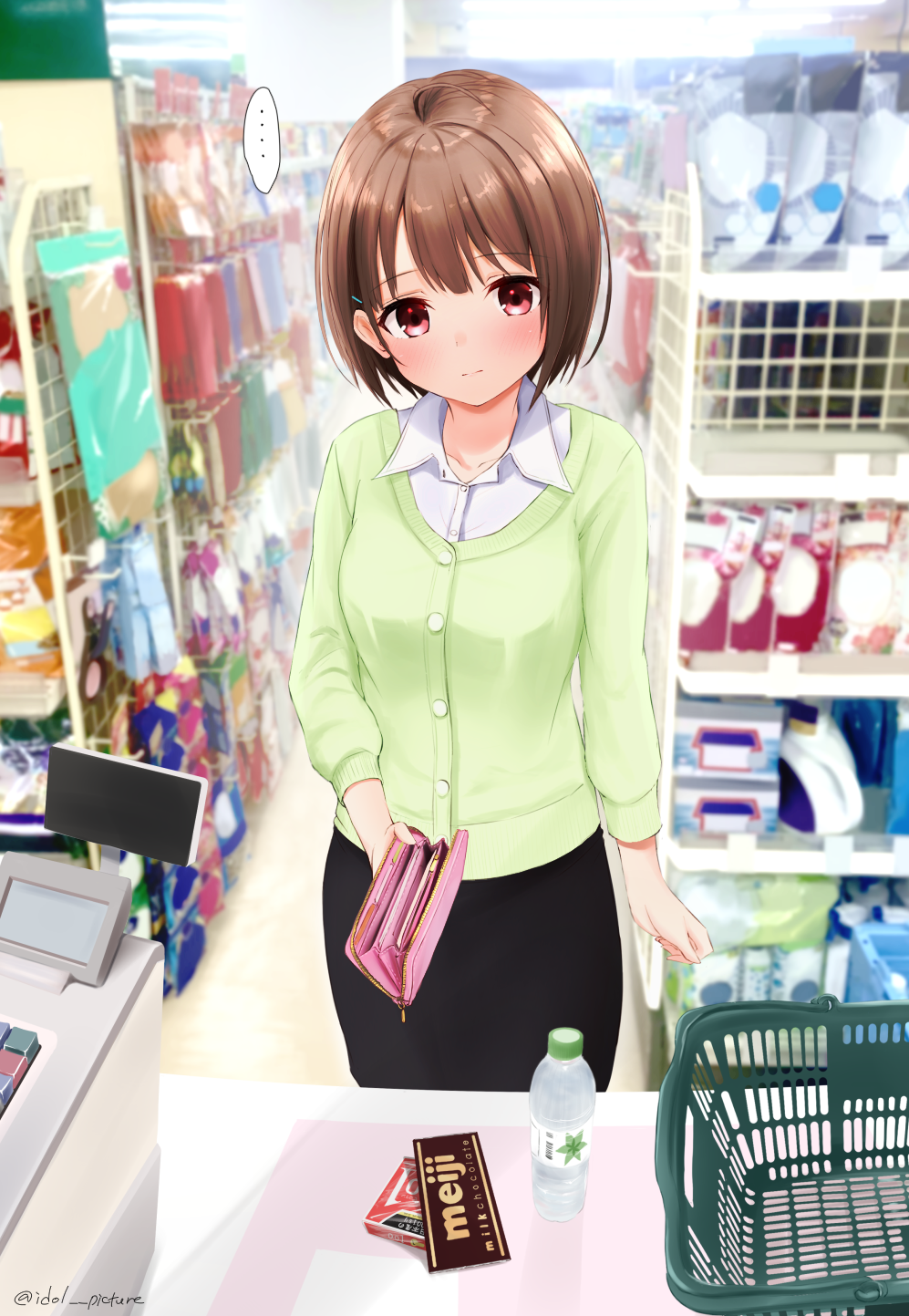 ..., 1girl, ahoge, black_skirt, blush, bob_cut, brown_hair, buttons