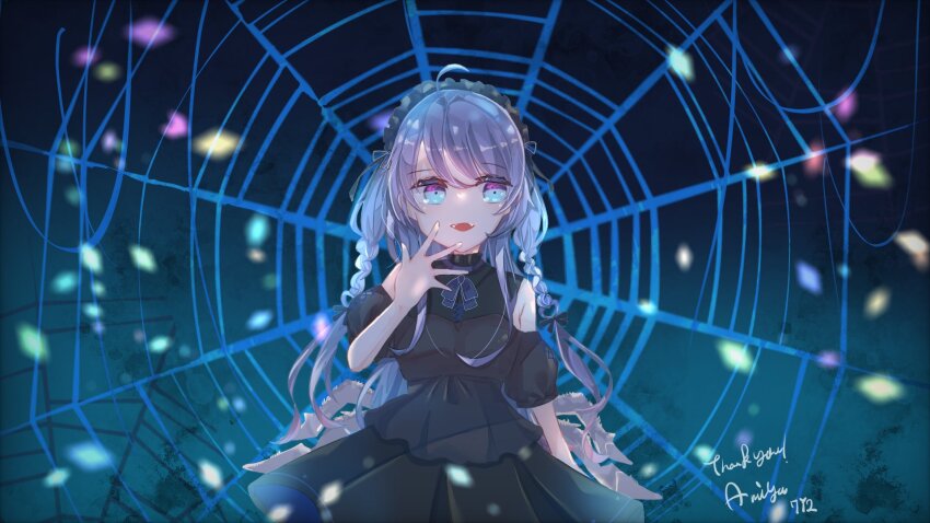 1girl, 712_(712_nnn), alternate_costume, amiya_aranha, arthropod_limbs, black_dress, black_hairband, blue_eyes, braid, character_name, clothing_cutout, commission, dress, fangs, hairband, highres, light_particles, lolita_hairband, long_hair, looking_to_the_side, open_mouth, purple_hair, second-party_source, shoulder_cutout, silk, skeb_commission, smile, solo, spider_web, tsunderia, two_side_up, very_long_hair, virtual_youtuber