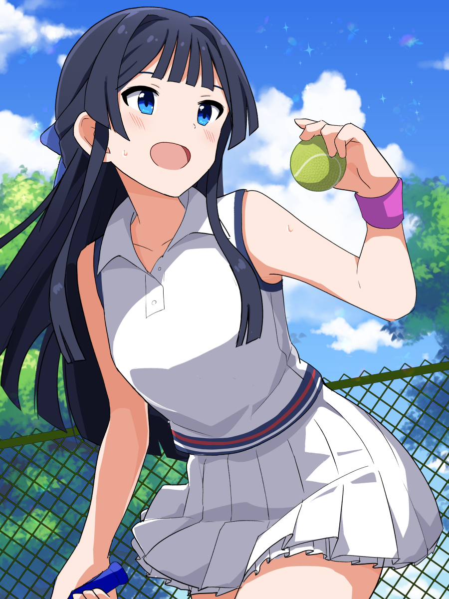 1girl, ball, bare_shoulders, black_hair, blue_eyes, blue_ribbon, blue_sky, blush, breasts, chain-link_fence, cloud, collarbone, cowboy_shot, day, fence, hair_ribbon, hand_up, highres, holding, holding_ball, holding_racket, idolmaster, idolmaster_million_live!, idolmaster_million_live!_theater_days, long_hair, looking_at_another, medium_breasts, mogami_shizuka, open_mouth, outdoors, pleated_skirt, racket, ribbon, shirt, skirt, sky, sleeveless, sleeveless_shirt, smile, solo, sportswear, sweat, tennis_ball, tennis_racket, tennis_uniform, tree, trinitro_(nitro_koubou), white_shirt, white_skirt, wristband