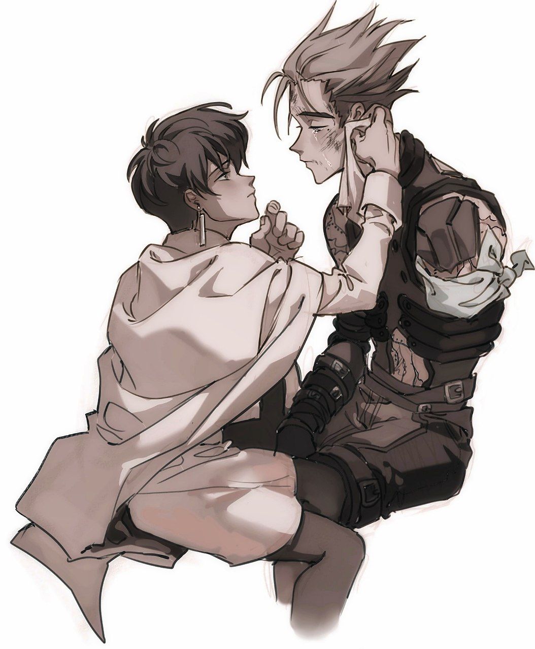 1boy, 1girl, amputee, belt, cape, crying, earrings, greyscale