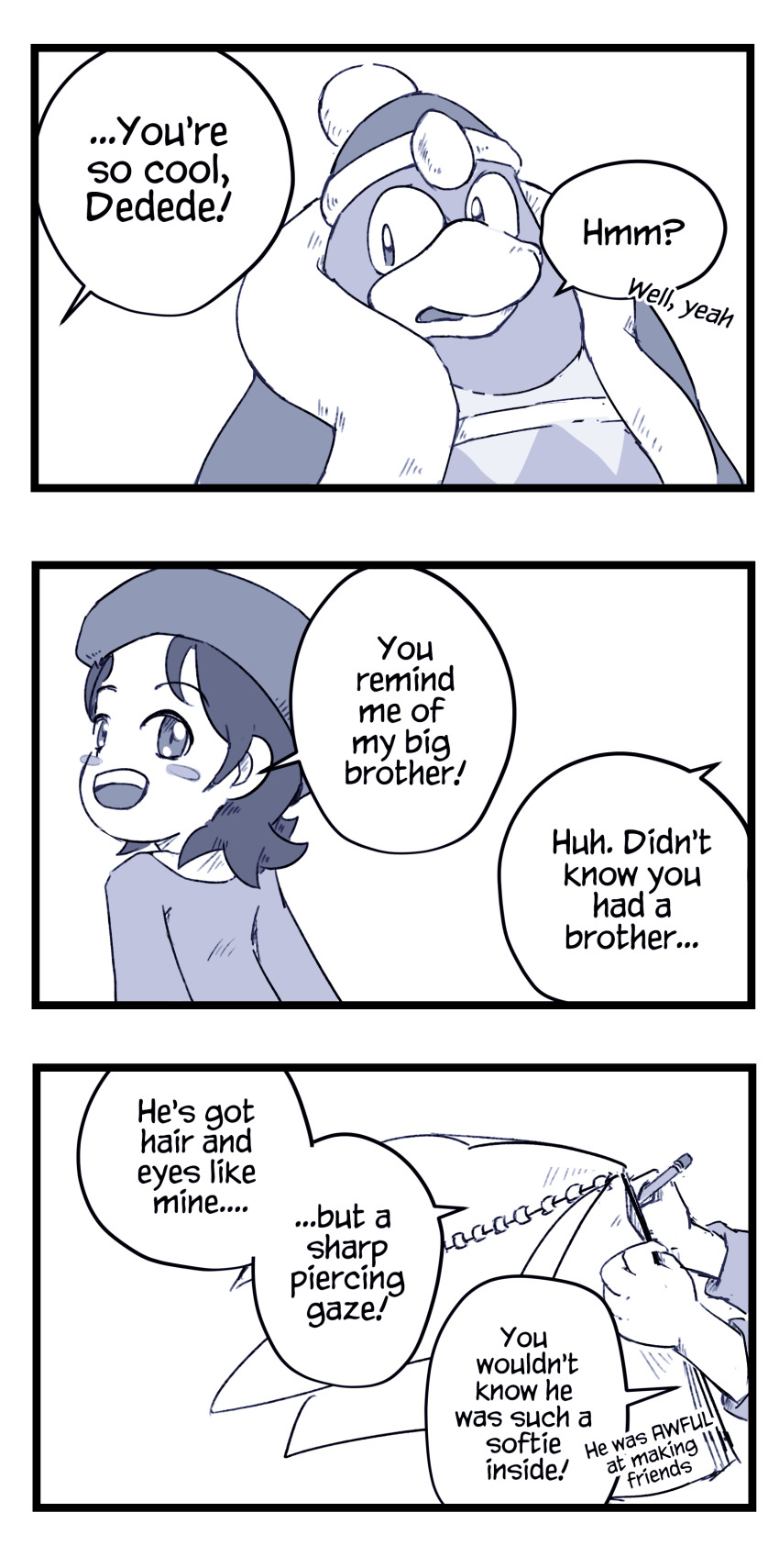 1boy, 1girl, 3koma, absurdres, adeleine, beret, blush_stickers, comic, desultorynovice, drawing, english_text, fur-trimmed_jacket, fur_trim, hat, highres, holding, holding_sketchbook, jacket, king_dedede, kirby's_dream_land_2, kirby_star_allies, kirby_(series), kirby_64, looking_back, monochrome, nintendo, sketchbook, speech_bubble