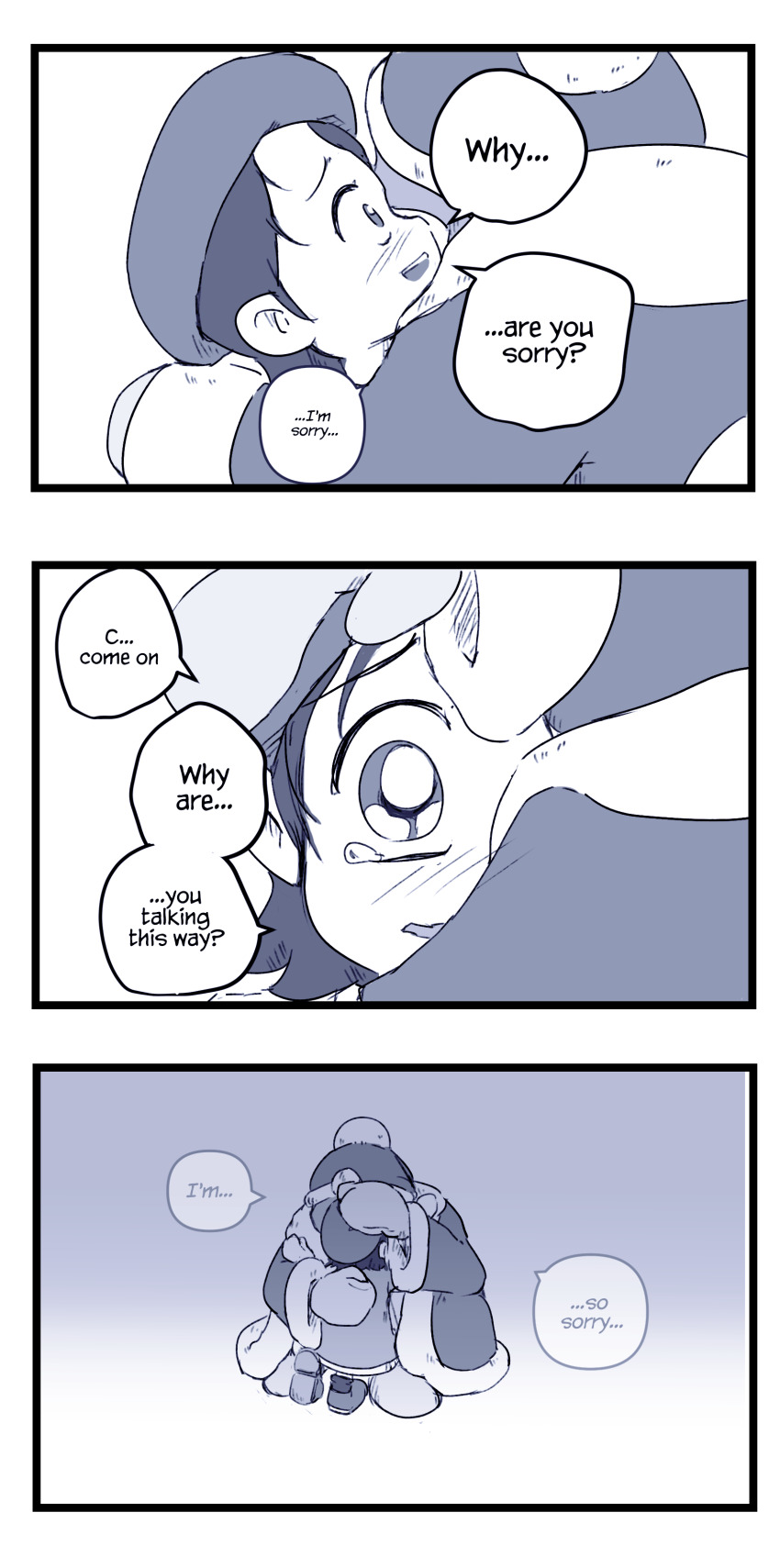 1boy, 1girl, 3koma, absurdres, adeleine, apologizing, beret, blush