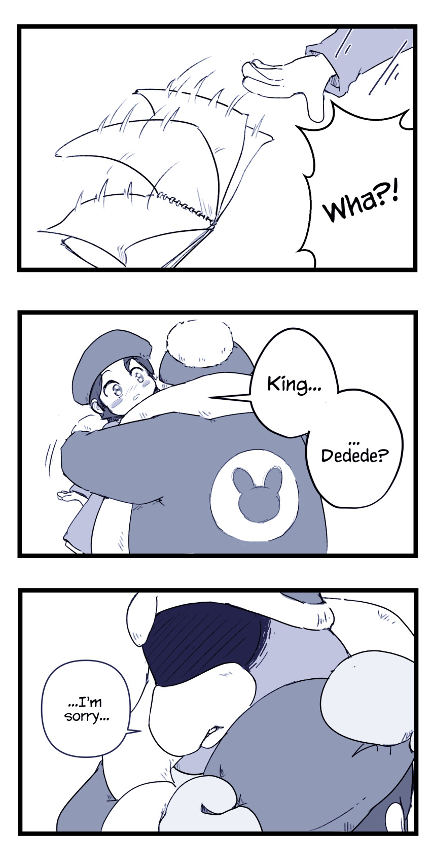 1boy, 1girl, 3koma, absurdres, adeleine, apologizing, beret, blush_stickers, comforting, comic, confused, desultorynovice, dropping, english_text, eyes_in_shadow, fur-trimmed_jacket, fur_trim, hat, highres, hug, jacket, king_dedede, kirby's_dream_land_2, kirby_star_allies, kirby_(series), kirby_64, mittens, monochrome, nintendo, shaded_face, surprised