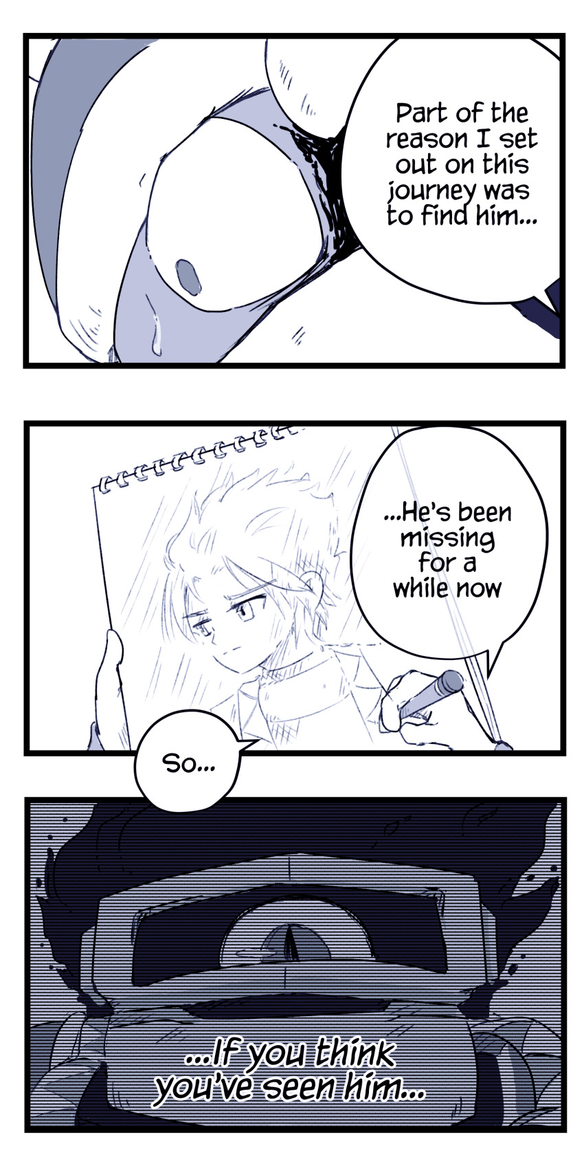 1girl, 2boys, 3koma, absurdres, adeleine, black_fire, brother_and_sister, comic, constricted_pupils, dark_matter_(kirby), dark_matter_blade, desultorynovice, drawing, english_text, fiery_hair, fire, flashback, highres, holding, holding_sketchbook, king_dedede, kirby's_dream_land_2, kirby_star_allies, kirby_(series), kirby_64, monochrome, multiple_boys, nintendo, one-eyed, siblings, sketchbook, slit_pupils, spiked_hair, surprised, sweatdrop