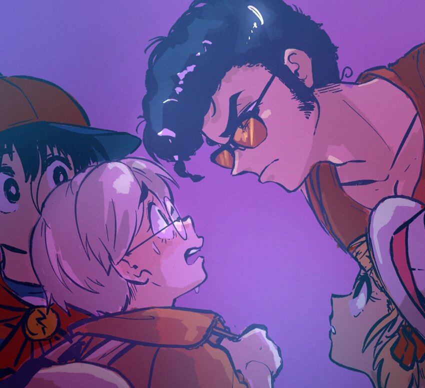 1girl, 3boys, ana_(mother), angry, backpack, bag, baseball_cap, black_hair