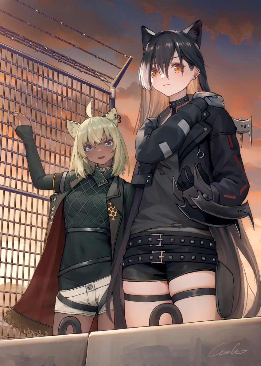 2girls, absurdres, ahoge, animal_ears, arknights, black_choker, black_hair, black_jacket