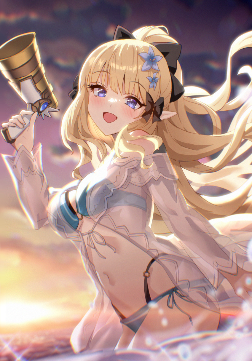 1girl, ass, bikini, black_bow, blonde_hair, blue_eyes, blush, bow
