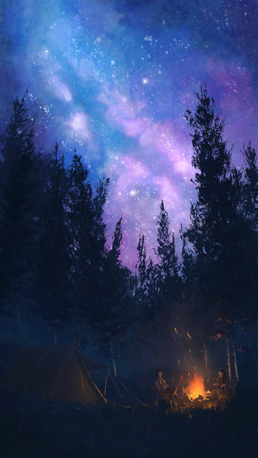 1boy, 1girl, absurdres, adobe, blue_sky, campfire, camping, camping_chair, chair, faceless, faceless_female, faceless_male, folding_chair, forest, grass, highres, nature, night, original, pochi_(poti1990), purple_sky, scenery, sky, star_(sky), starry_sky, tent, tree
