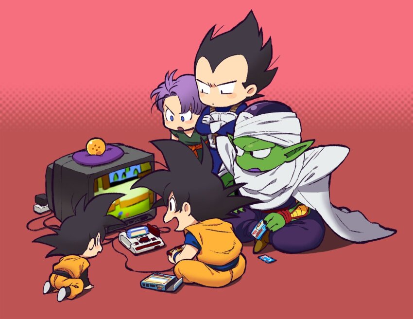 5boys, black_hair, controller, crt, dougi, dragon_ball, dragonball_z, famicom_controller