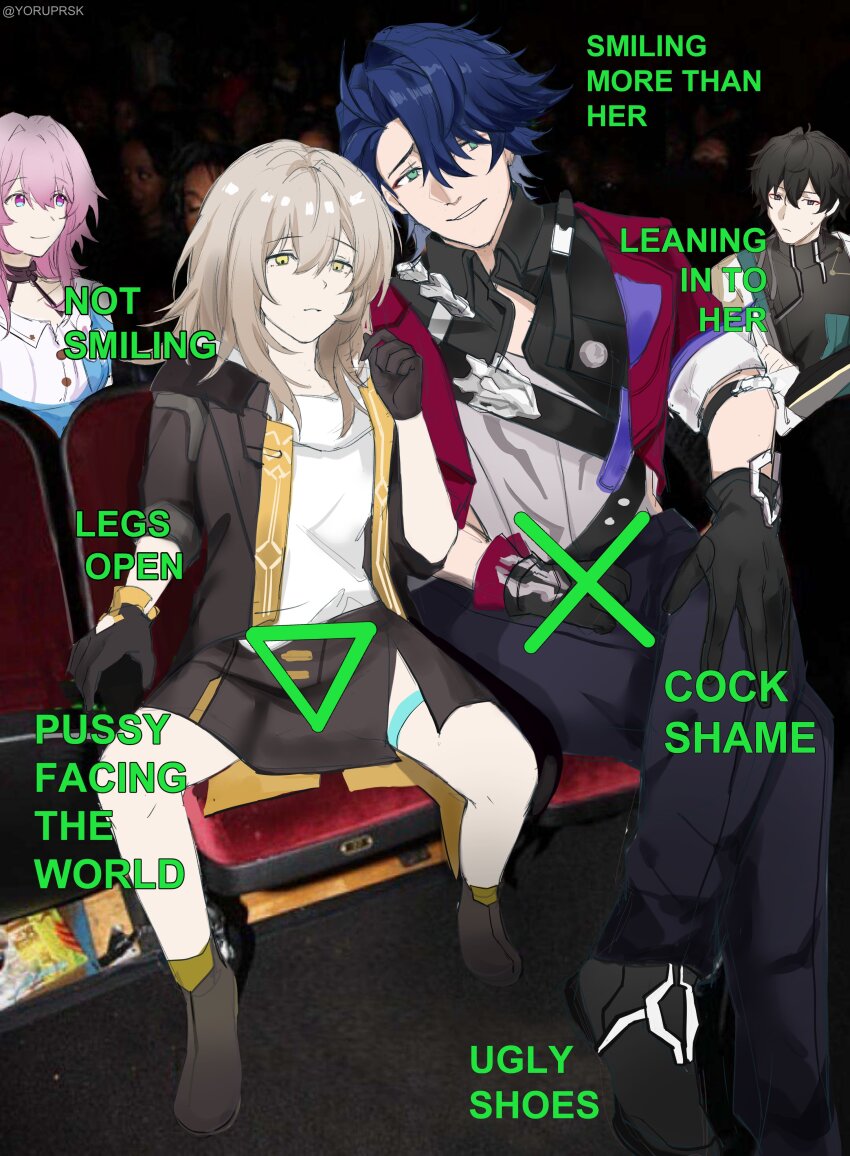 2boys, 2girls, absurdres, black_hair, blue_eyes, crossed_legs, dan_heng_(honkai:_star_rail), dan_heng_(hunt)_(honkai:_star_rail)