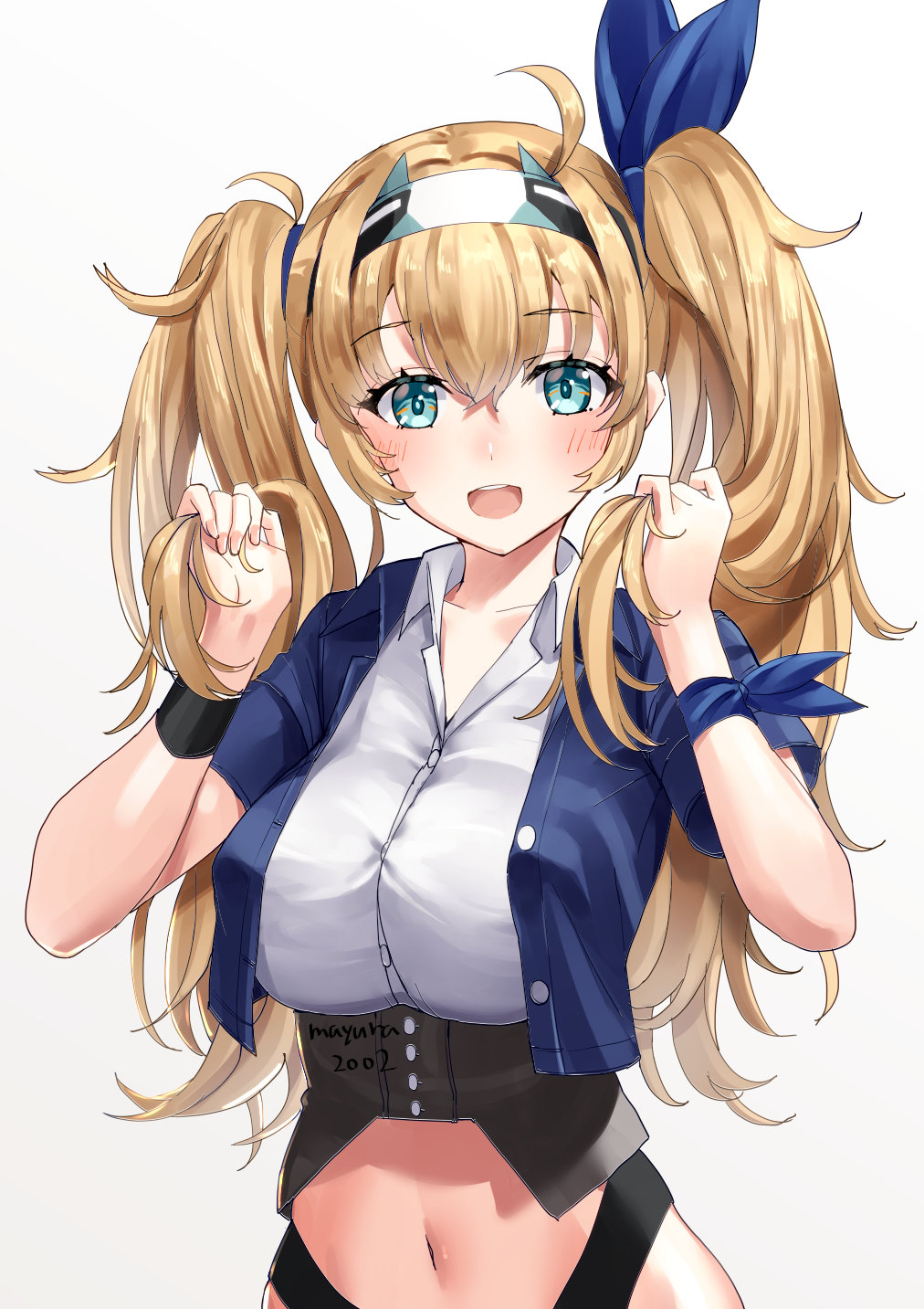 1girl, blonde_hair, blue_eyes, blue_jacket, blush, collarbone, collared_shirt, crop_top