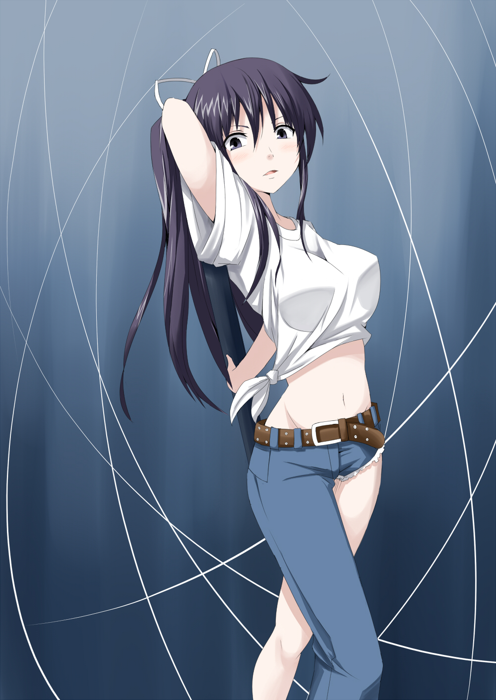 1girl, alternate_breast_size, asymmetrical_clothes, bad_id, bad_pixiv_id, belt, black_hair, blush