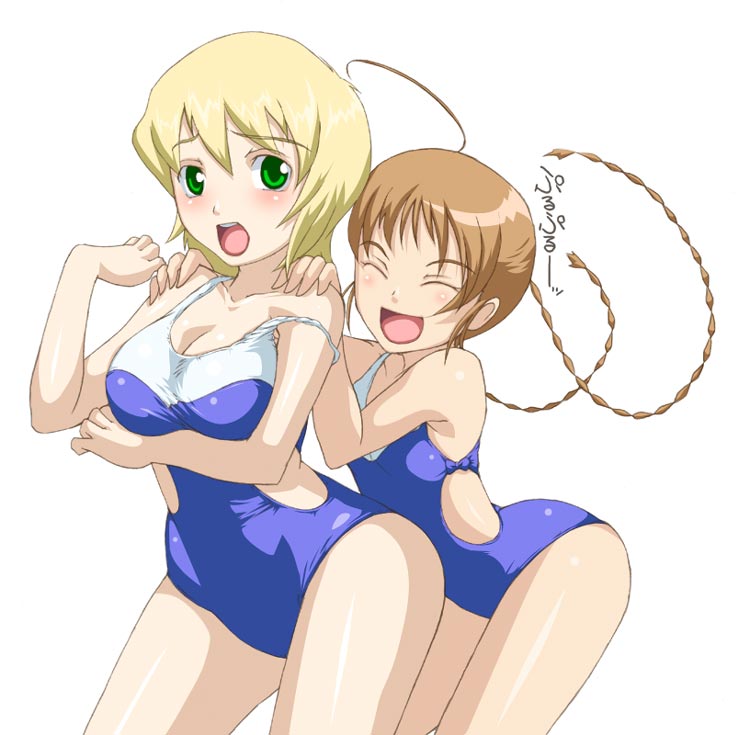 00s, 2girls, ahoge, arika_yumemiya, blonde_hair, blue_one-piece_swimsuit, braid, breast_hold